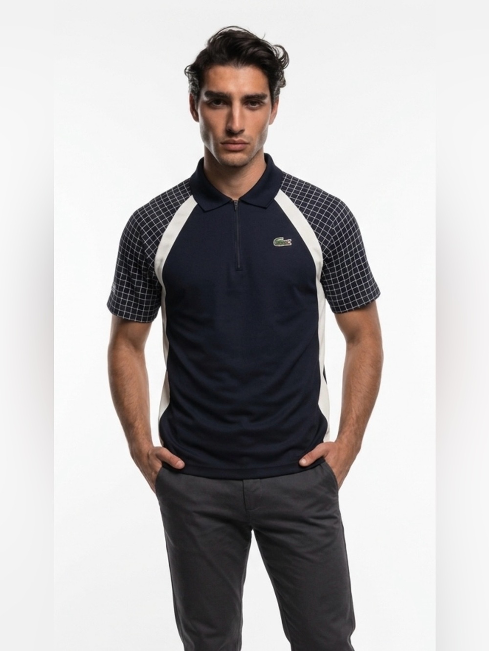 Lacoste Sport Navy Polo with White Panels and Patterned Sleeves